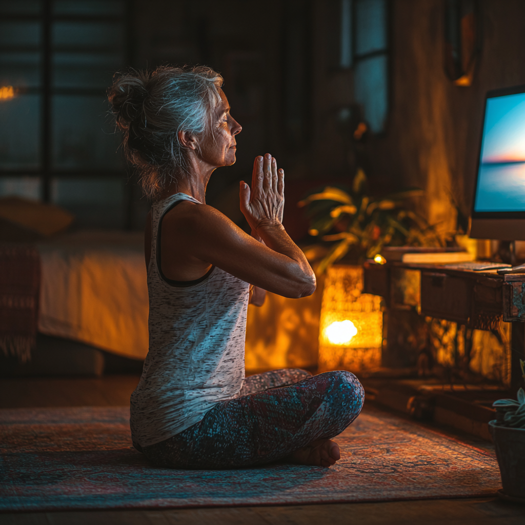 Жінка 58 років практикує йогу вдома перед екраном комп'ютера, слідуючи онлайн уроку