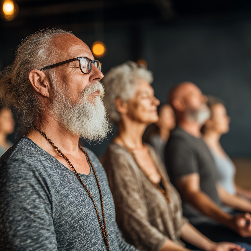 Група людей 50-65 років сидить у медитативній позі та виконує дихальні вправи в тихій йога-студії